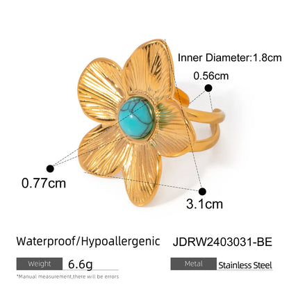 Wholesale Jewelry IG Style Simple Style Flower 304 Stainless Steel Turquoise 18K Gold Plated Inlay Rings Earrings