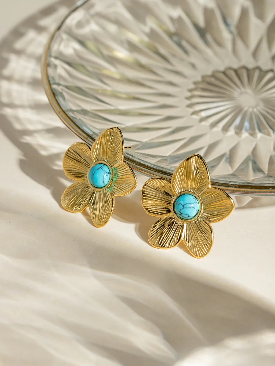 Wholesale Jewelry IG Style Simple Style Flower 304 Stainless Steel Turquoise 18K Gold Plated Inlay Rings Earrings