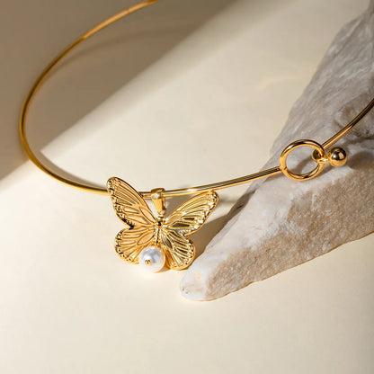 304 Stainless Steel 18K Gold Plated IG Style Simple Style Pearl Butterfly Choker