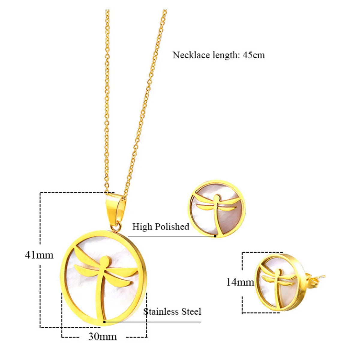 304 Stainless Steel 18K Gold Plated IG Style Simple Style Polishing Plating Inlay Round Dragonfly Shell Earrings Necklace