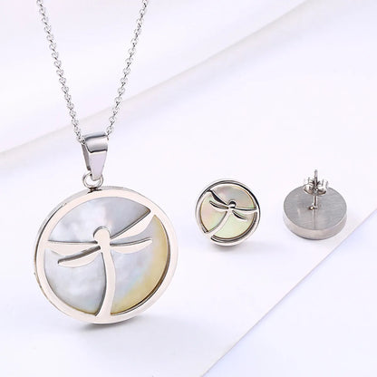 304 Stainless Steel 18K Gold Plated IG Style Simple Style Polishing Plating Inlay Round Dragonfly Shell Earrings Necklace