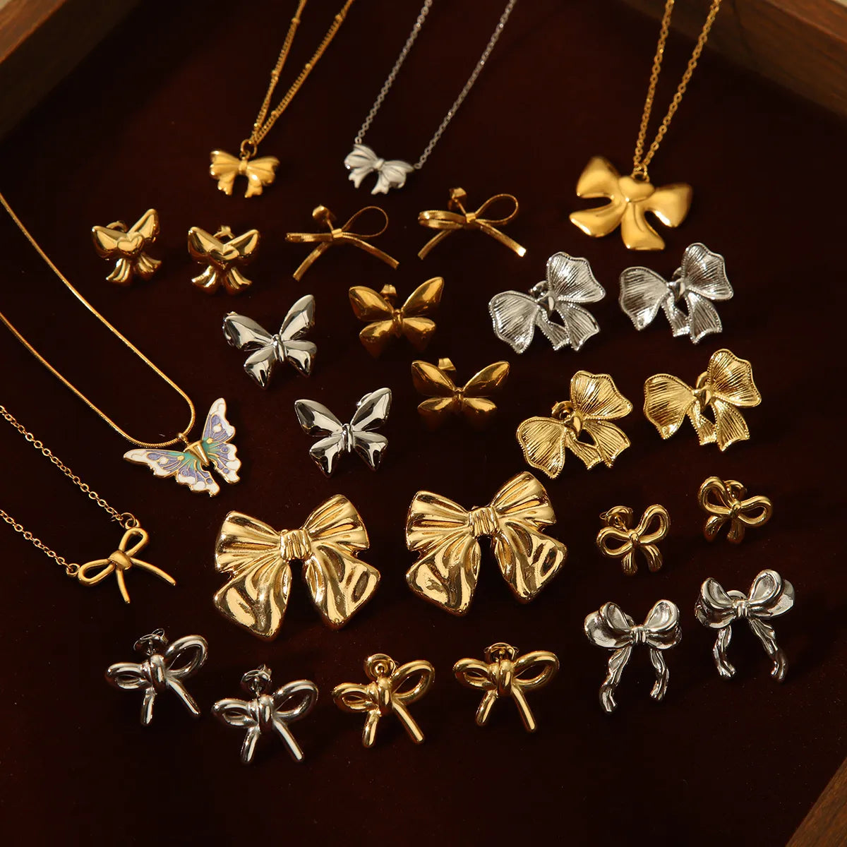 304 Stainless Steel 18K Gold Plated IG Style Sweet Artistic Polishing Butterfly Bow Knot Rings Earrings Necklace