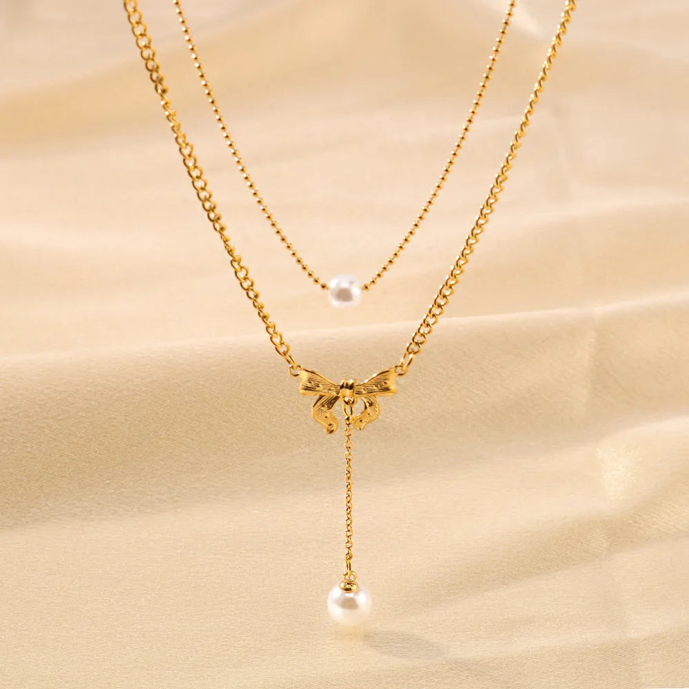 304 Stainless Steel 18K Gold Plated IG Style Sweet Inlay Bow Knot Pearl Double Layer Necklaces