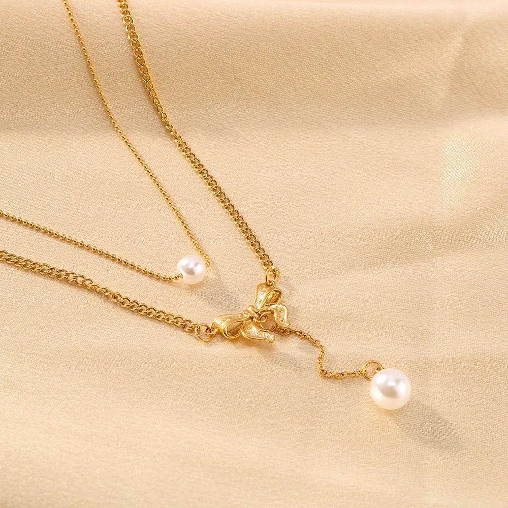 304 Stainless Steel 18K Gold Plated IG Style Sweet Inlay Bow Knot Pearl Double Layer Necklaces