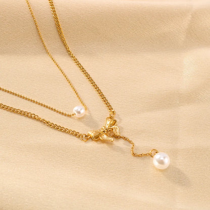 304 Stainless Steel 18K Gold Plated IG Style Sweet Inlay Bow Knot Pearl Double Layer Necklaces