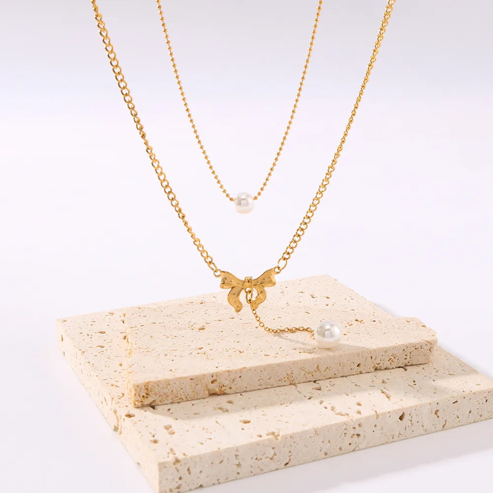 304 Stainless Steel 18K Gold Plated IG Style Sweet Inlay Bow Knot Pearl Double Layer Necklaces