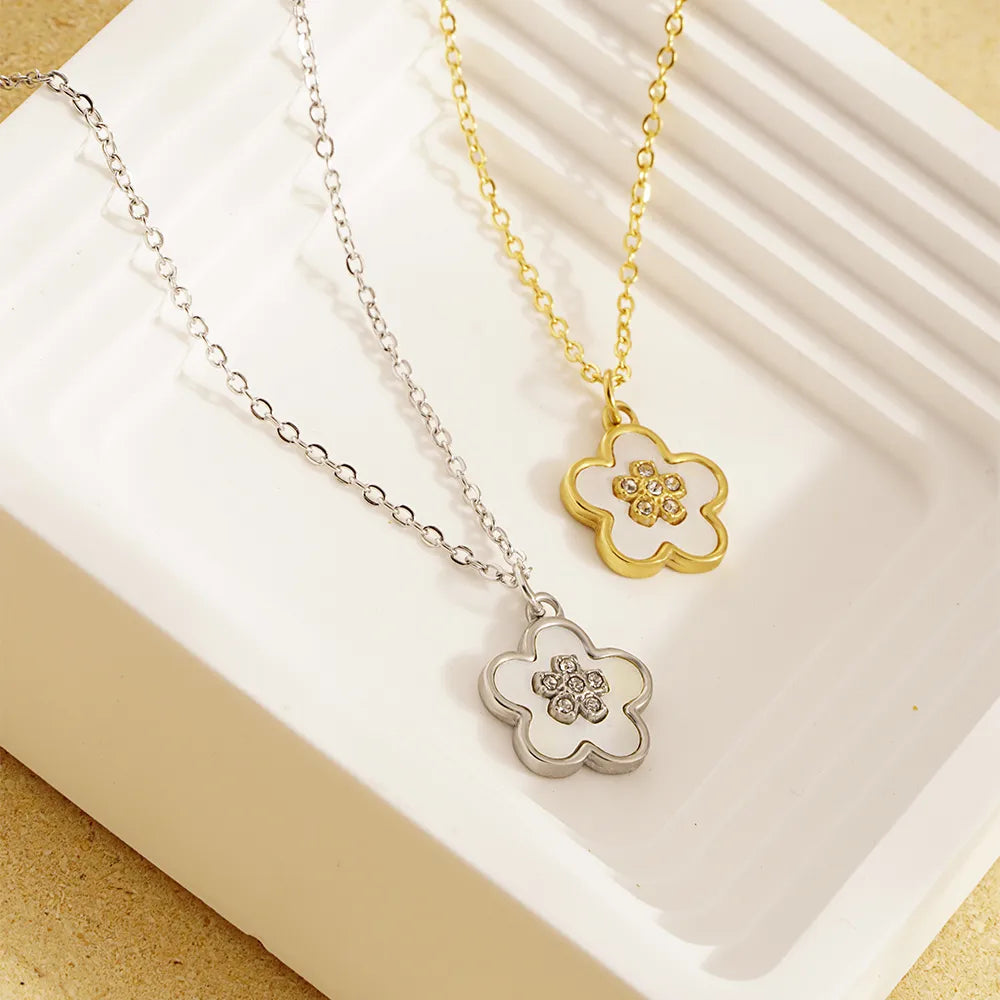 304 Stainless Steel 18K Gold Plated IG Style Sweet Inlay Flower Rhinestones Shell Pendant Necklace