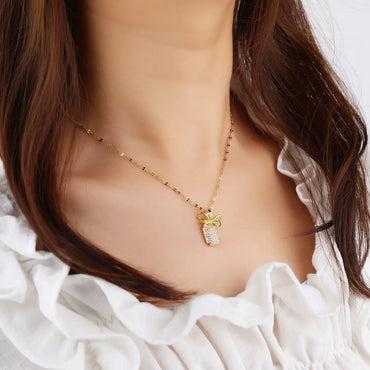 304 Stainless Steel 18K Gold Plated Plating Inlay Sun Flower Bow Knot Artificial Pearls Zircon Pendant Necklace