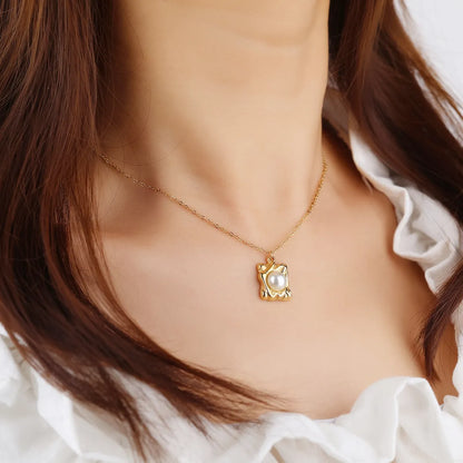 304 Stainless Steel 18K Gold Plated Plating Inlay Sun Flower Bow Knot Artificial Pearls Zircon Pendant Necklace