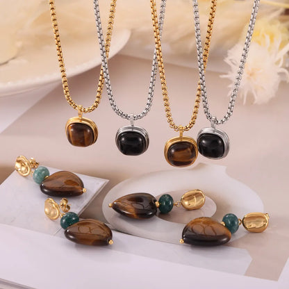 304 Stainless Steel 18K Gold Plated Retro British Style Beaded Plating Inlay Square Heart Shape Agate Tiger Eye Earrings Necklace