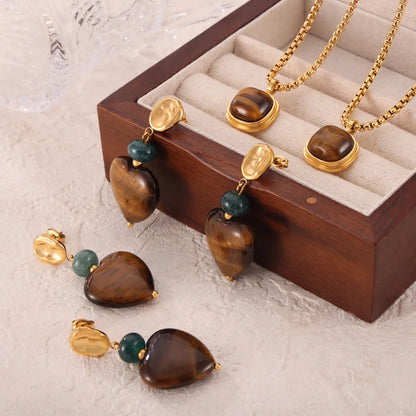 304 Stainless Steel 18K Gold Plated Retro British Style Beaded Plating Inlay Square Heart Shape Agate Tiger Eye Earrings Necklace