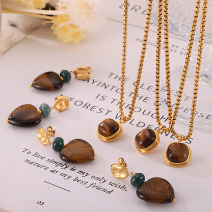 304 Stainless Steel 18K Gold Plated Retro British Style Beaded Plating Inlay Square Heart Shape Agate Tiger Eye Earrings Necklace