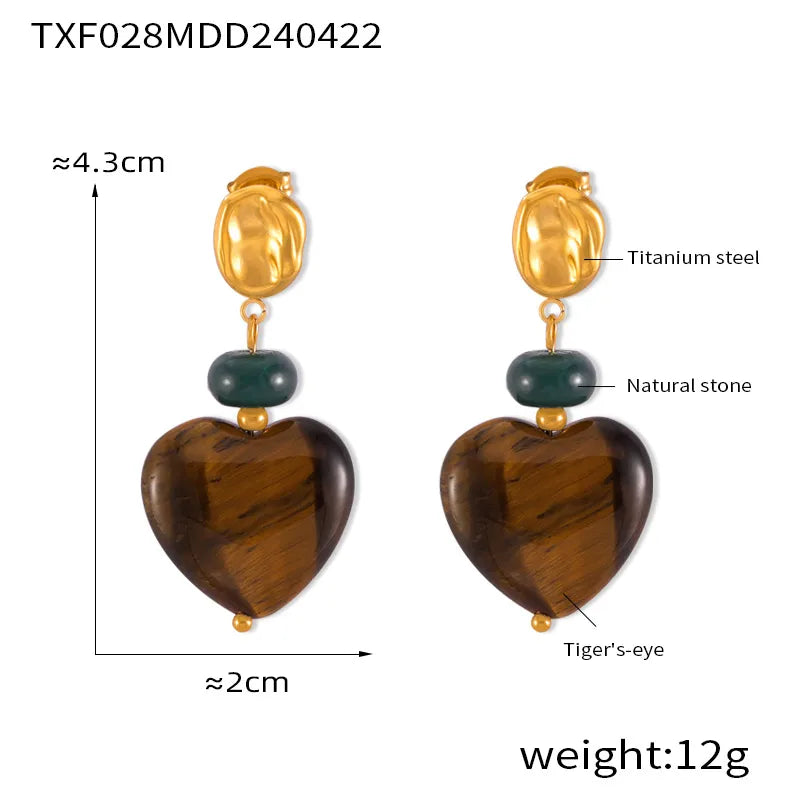 304 Stainless Steel 18K Gold Plated Retro British Style Beaded Plating Inlay Square Heart Shape Agate Tiger Eye Earrings Necklace