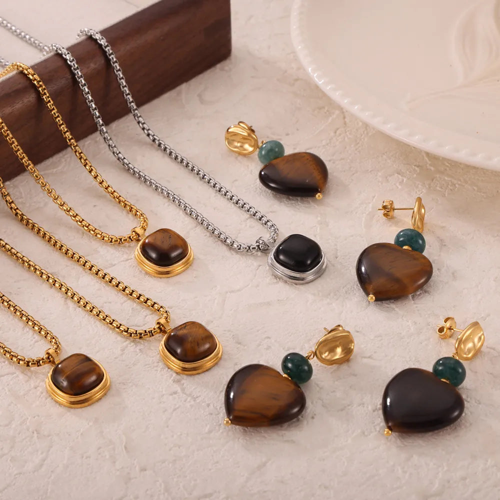 304 Stainless Steel 18K Gold Plated Retro British Style Beaded Plating Inlay Square Heart Shape Agate Tiger Eye Earrings Necklace