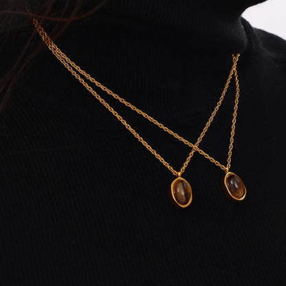 304 Stainless Steel 18K Gold Plated Retro British Style Plating Inlay Oval Pea Natural Stone Tiger Eye Pendant Necklace