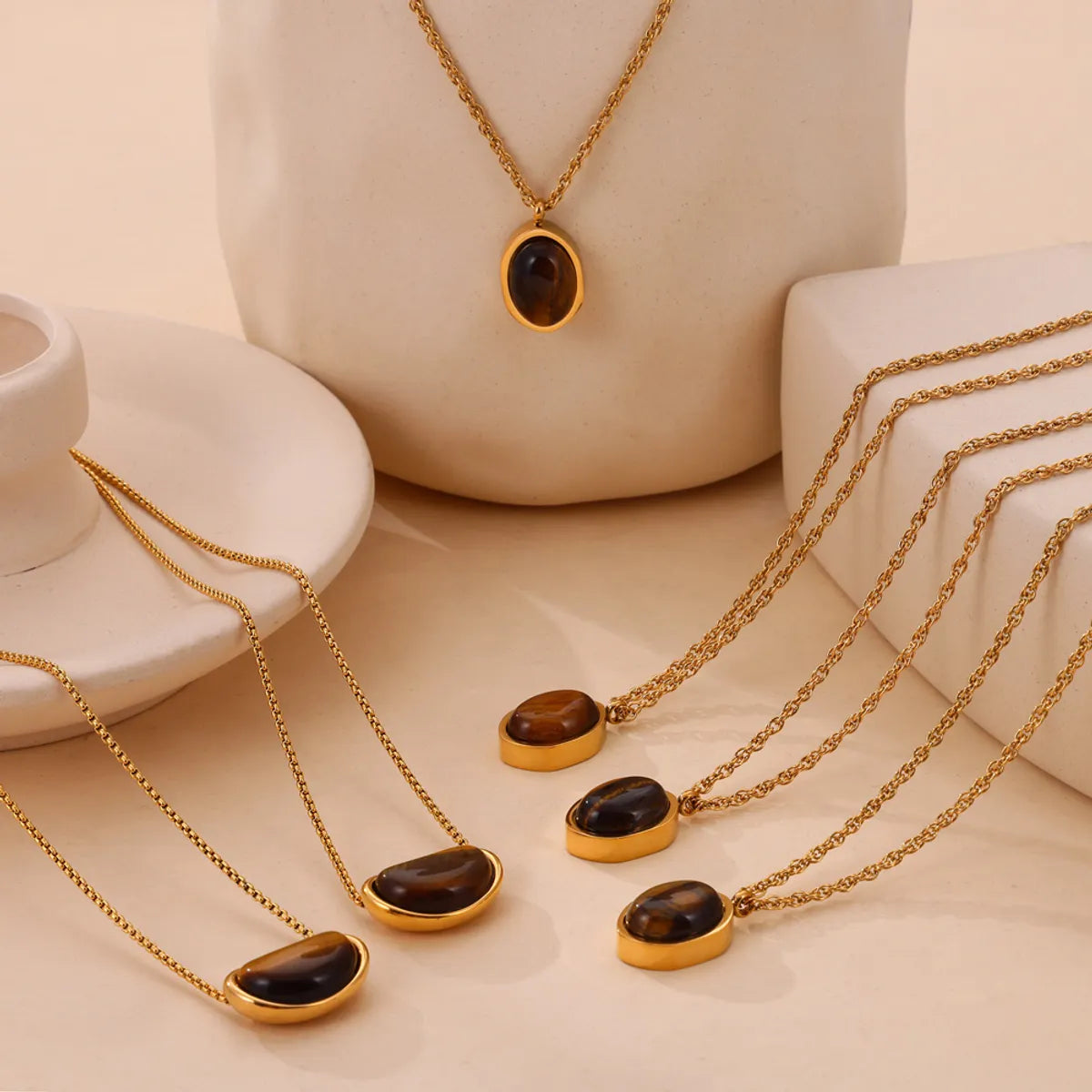 304 Stainless Steel 18K Gold Plated Retro British Style Plating Inlay Oval Pea Natural Stone Tiger Eye Pendant Necklace