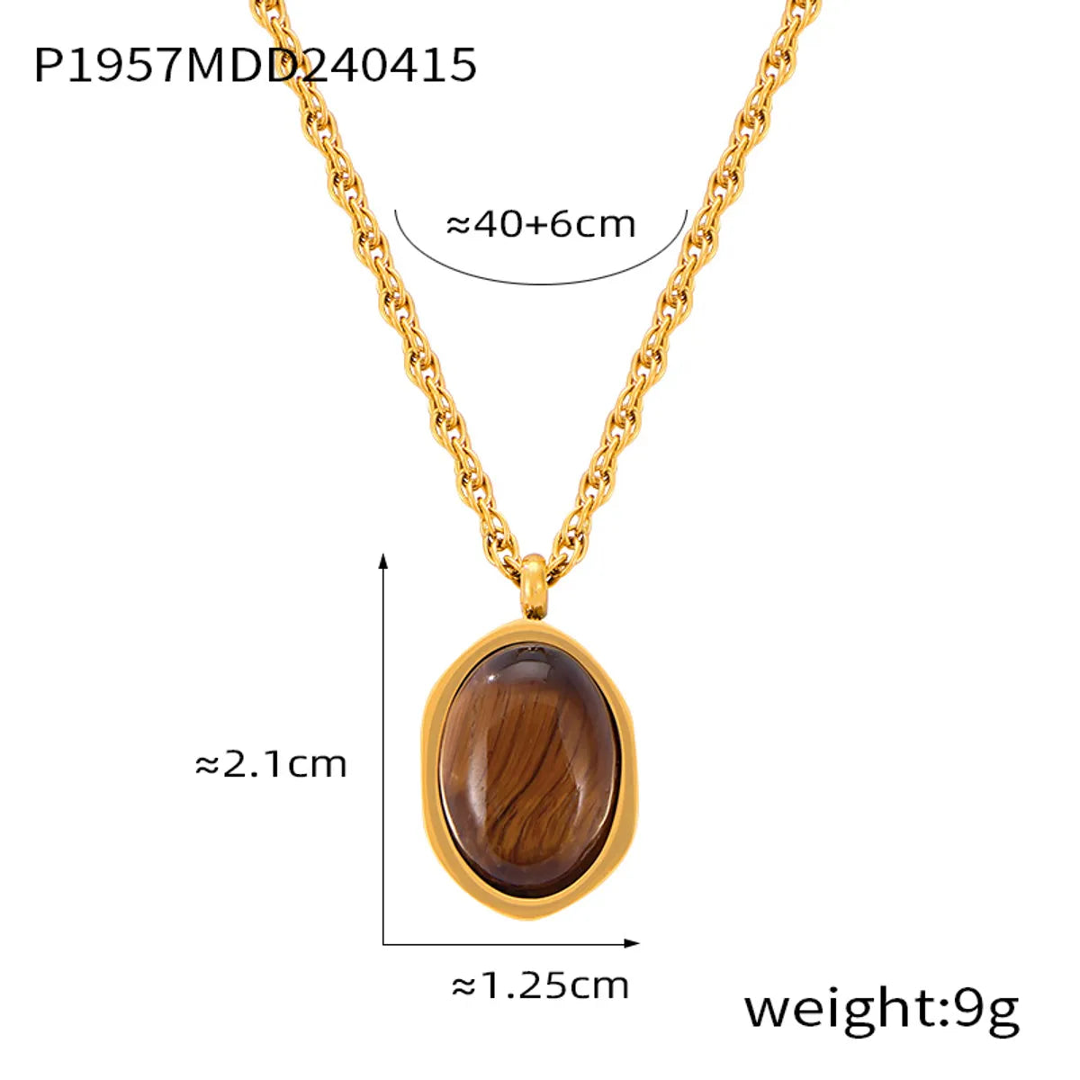 304 Stainless Steel 18K Gold Plated Retro British Style Plating Inlay Oval Pea Natural Stone Tiger Eye Pendant Necklace