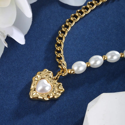 Wholesale Jewelry Retro XUPING Heart Shape 304 Stainless Steel Artificial Pearls 18K Gold Plated Beaded Plating Inlay Pendant Necklace