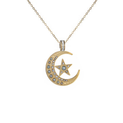 304 Stainless Steel 18K Gold Plated Retro XUPING Simple Style Plating Inlay Star Moon Artificial Gemstones Pendant Necklace