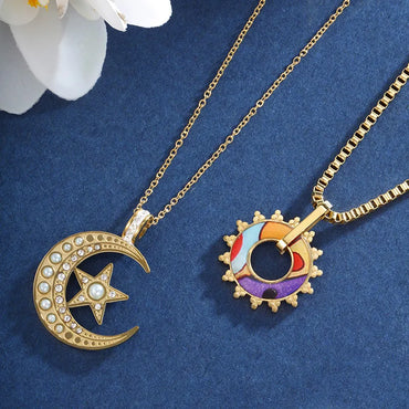 304 Stainless Steel 18K Gold Plated Retro XUPING Simple Style Plating Inlay Star Moon Artificial Gemstones Pendant Necklace