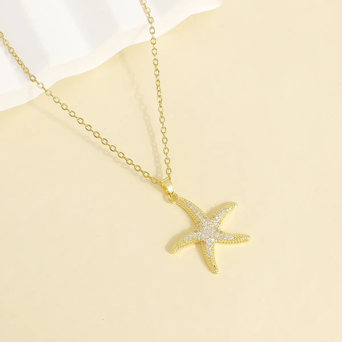 304 Stainless Steel 18K Gold Plated Romantic Shiny Plating Inlay Starfish Zircon Pendant Necklace