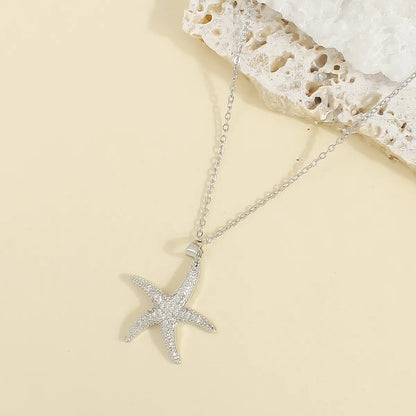 304 Stainless Steel 18K Gold Plated Romantic Shiny Plating Inlay Starfish Zircon Pendant Necklace