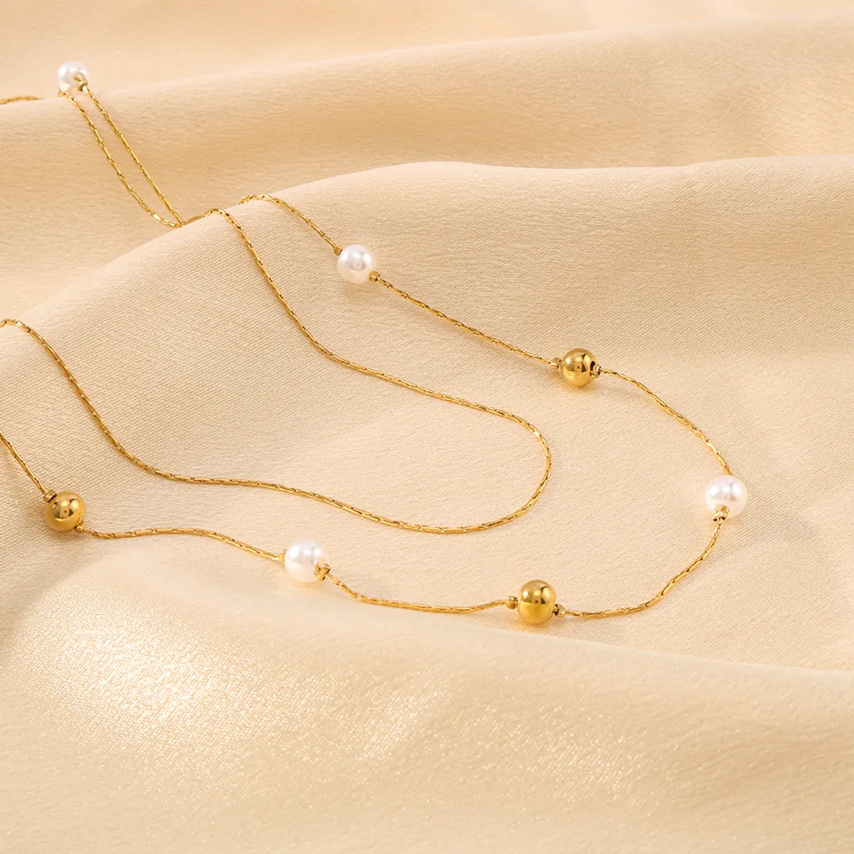 304 Stainless Steel 18K Gold Plated Romantic Simple Style Pearl Round Double Layer Necklaces