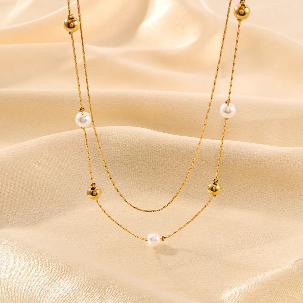 304 Stainless Steel 18K Gold Plated Romantic Simple Style Pearl Round Double Layer Necklaces