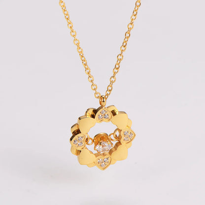 304 Stainless Steel 18K Gold Plated Rose Gold Plated Casual Preppy Style Sweet Inlay Heart Shape Flower Rhinestones Pendant Necklace