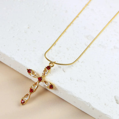 Wholesale Jewelry Simple Style Classic Style Cross 304 Stainless Steel Zircon 18K Gold Plated Plating Inlay Pendant Necklace