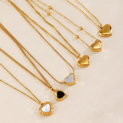 304 Stainless Steel 18K Gold Plated Simple Style Classic Style Plating Inlay Heart Shape Artificial Shell Rhinestones Pendant Necklace