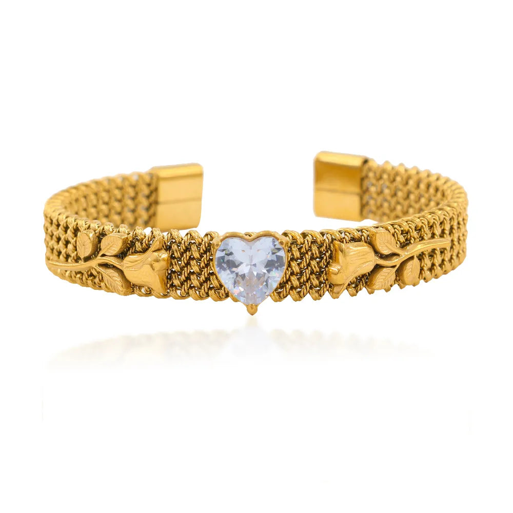 Simple Style Classic Style Heart Shape 304 Stainless Steel 18K Gold Plated Zircon Bangle In Bulk