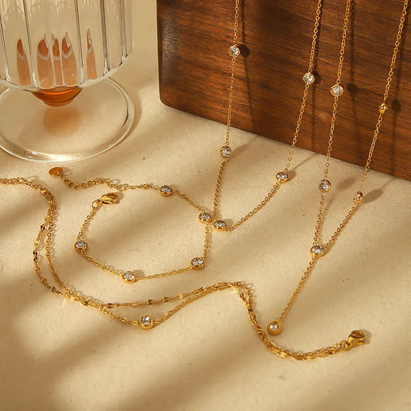 304 Stainless Steel 18K Gold Plated Simple Style Classic Style Plating Inlay Round Zircon Bracelets Necklace