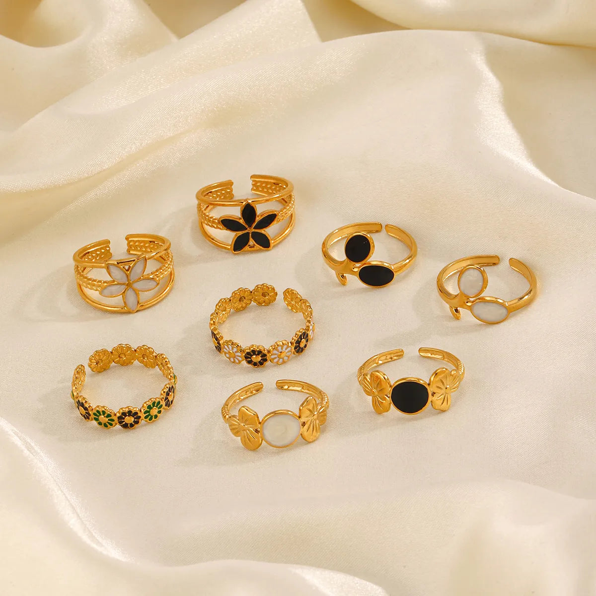 304 Stainless Steel 18K Gold Plated Simple Style Enamel Flower Open Rings