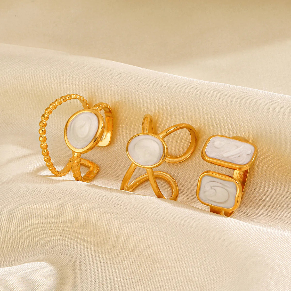 304 Stainless Steel 18K Gold Plated Simple Style Enamel Round Square Open Rings