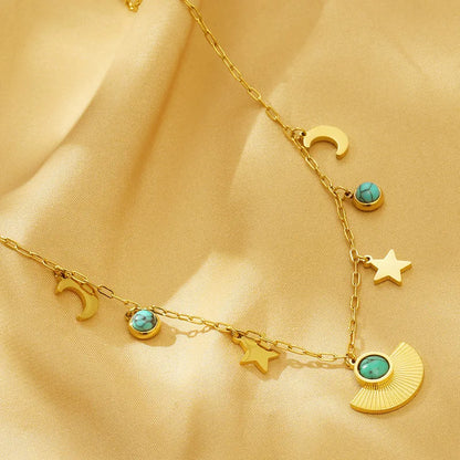 304 Stainless Steel 18K Gold Plated Simple Style Plating Inlay Heart Shape Turquoise Shell Double Layer Necklaces