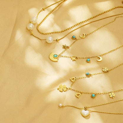 304 Stainless Steel 18K Gold Plated Simple Style Plating Inlay Heart Shape Turquoise Shell Double Layer Necklaces