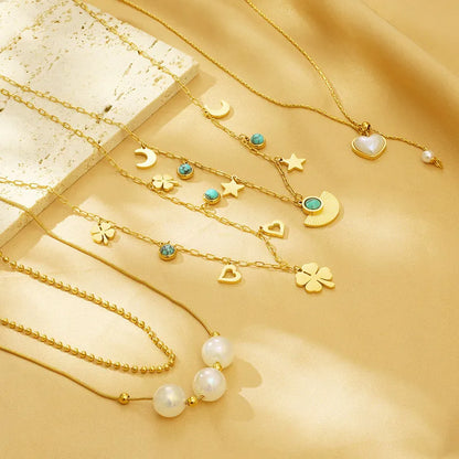 304 Stainless Steel 18K Gold Plated Simple Style Plating Inlay Heart Shape Turquoise Shell Double Layer Necklaces