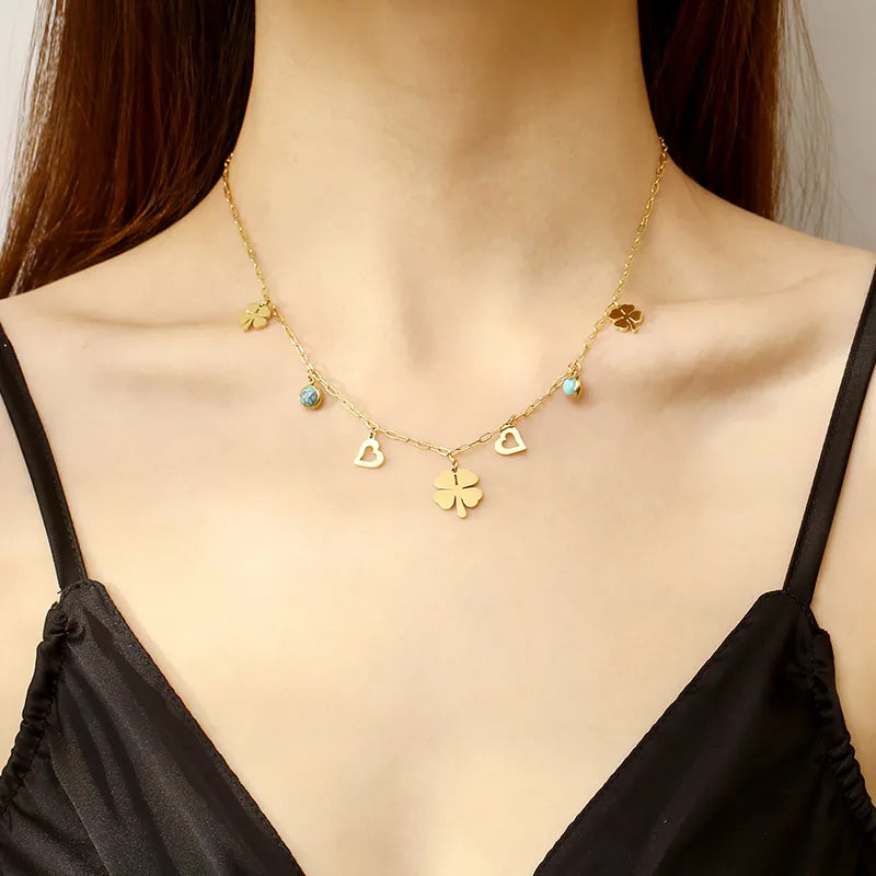 304 Stainless Steel 18K Gold Plated Simple Style Plating Inlay Heart Shape Turquoise Shell Double Layer Necklaces