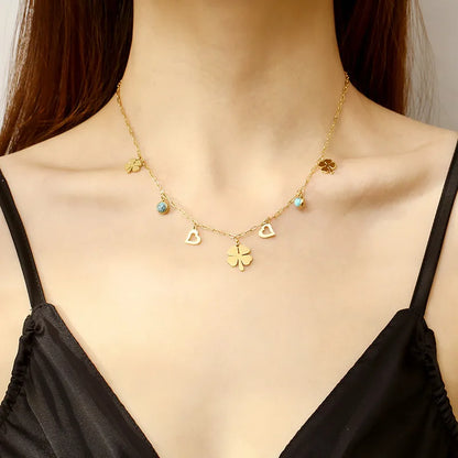 304 Stainless Steel 18K Gold Plated Simple Style Plating Inlay Heart Shape Turquoise Shell Double Layer Necklaces