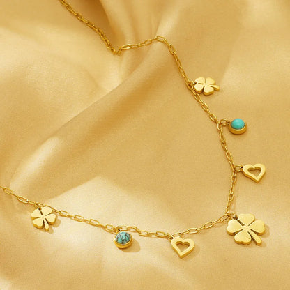 304 Stainless Steel 18K Gold Plated Simple Style Plating Inlay Heart Shape Turquoise Shell Double Layer Necklaces