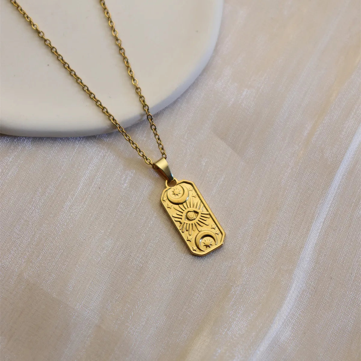 304 Stainless Steel 18K Gold Plated Simple Style Plating Inlay Sun Water Droplets Eye Natural Stone Pendant Necklace