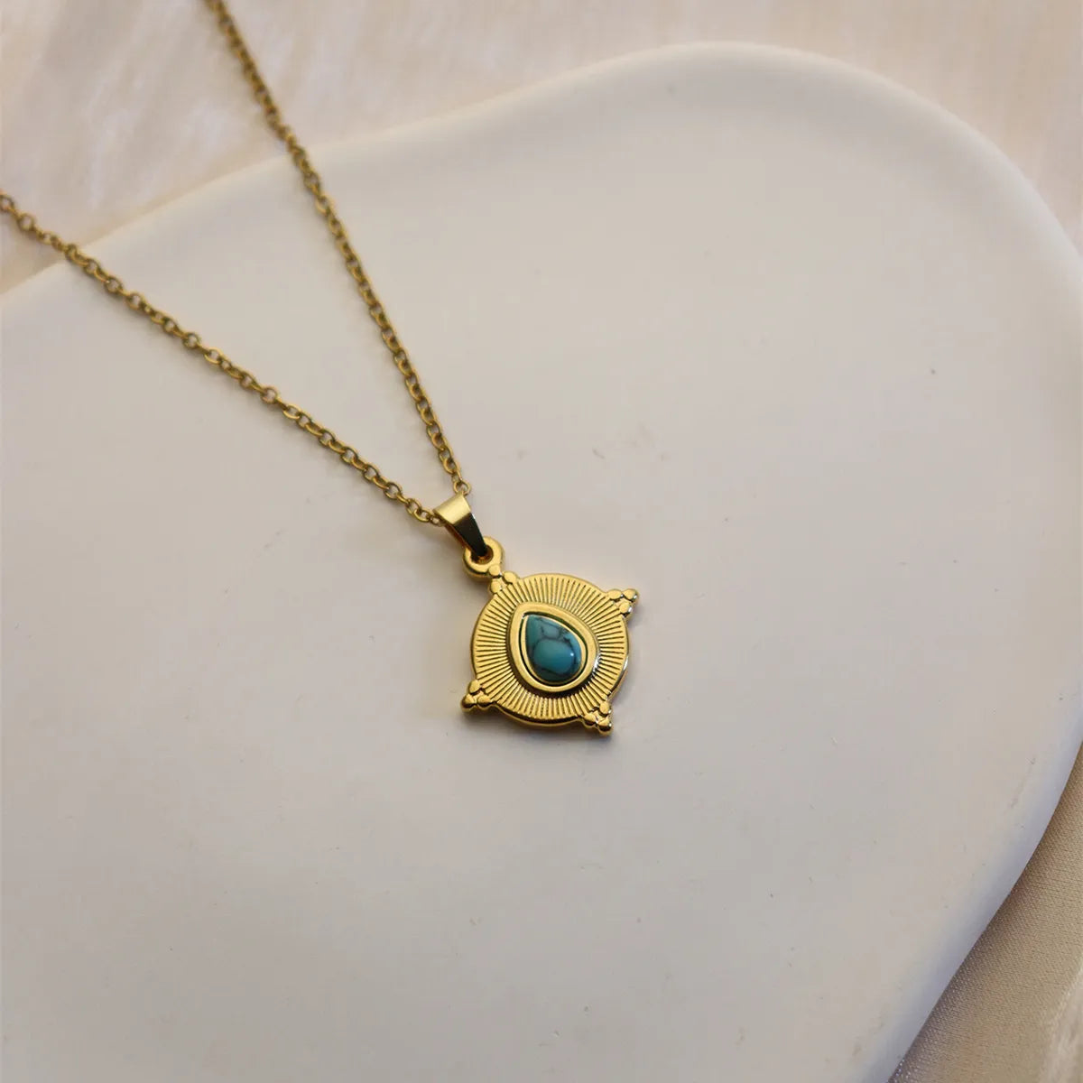 304 Stainless Steel 18K Gold Plated Simple Style Plating Inlay Sun Water Droplets Eye Natural Stone Pendant Necklace