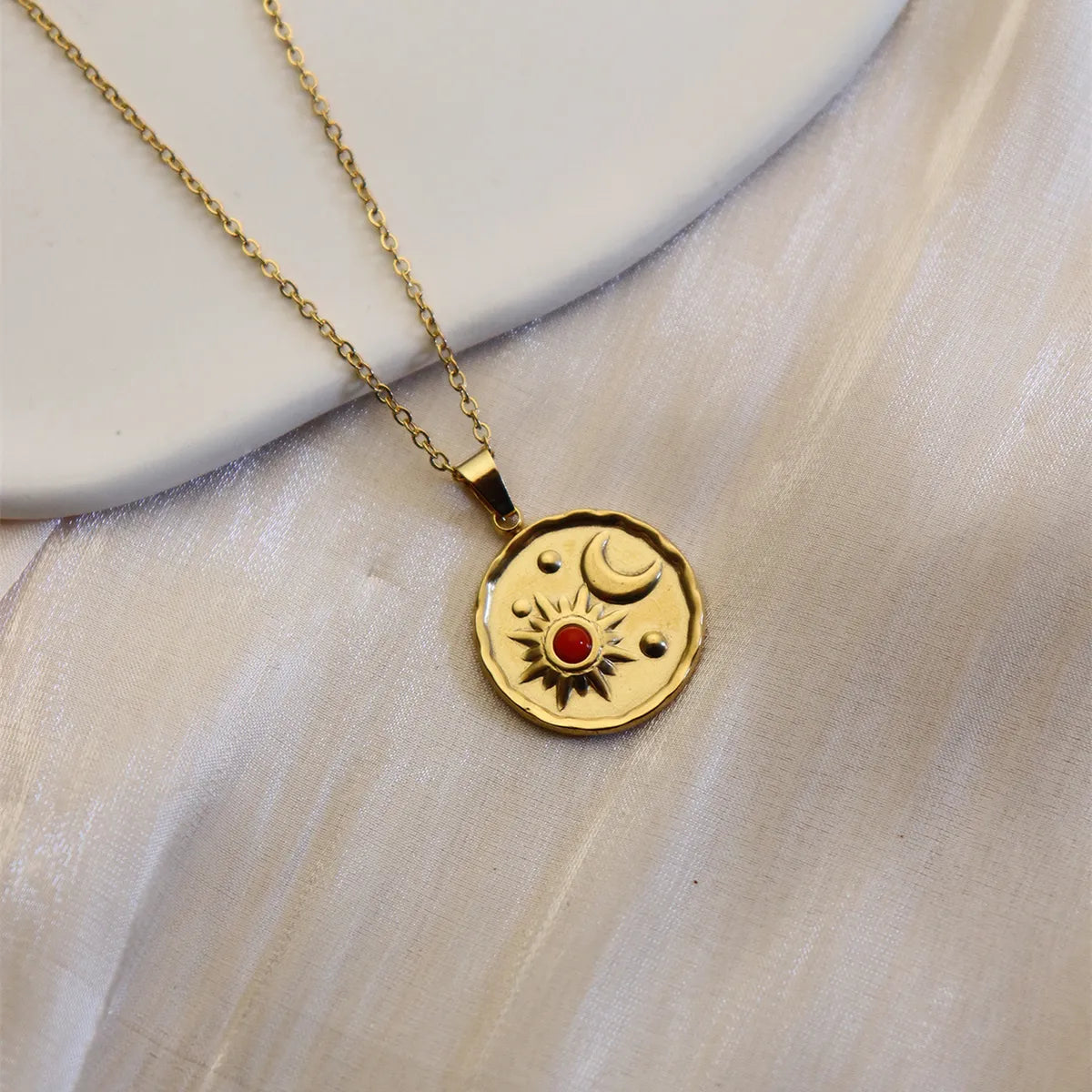 304 Stainless Steel 18K Gold Plated Simple Style Plating Inlay Sun Water Droplets Eye Natural Stone Pendant Necklace