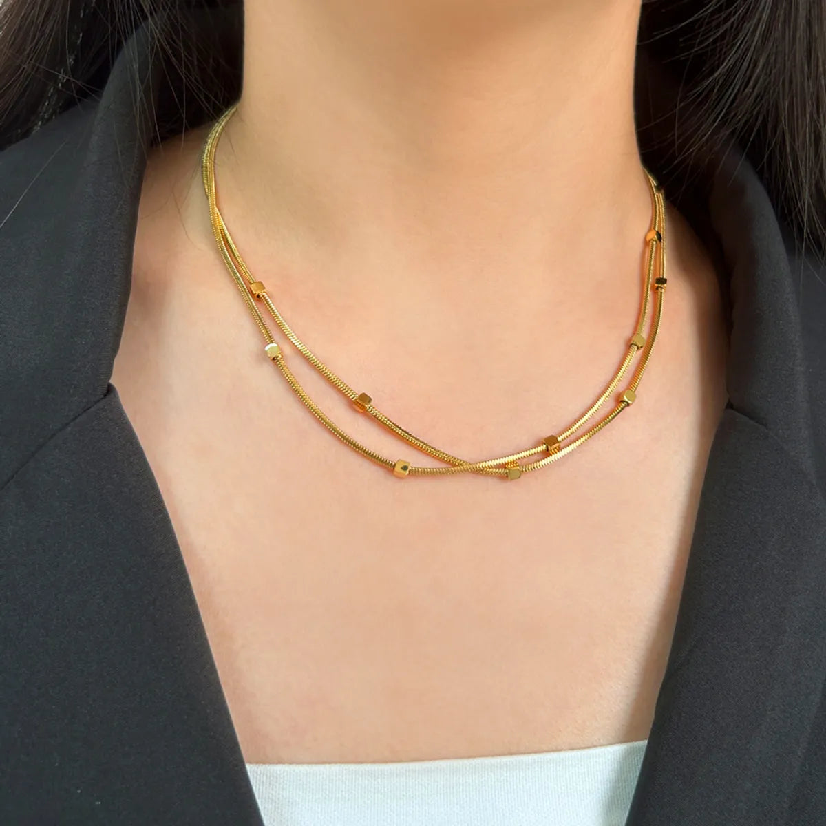 304 Stainless Steel 18K Gold Plated Simple Style Solid Color Double Layer Necklaces