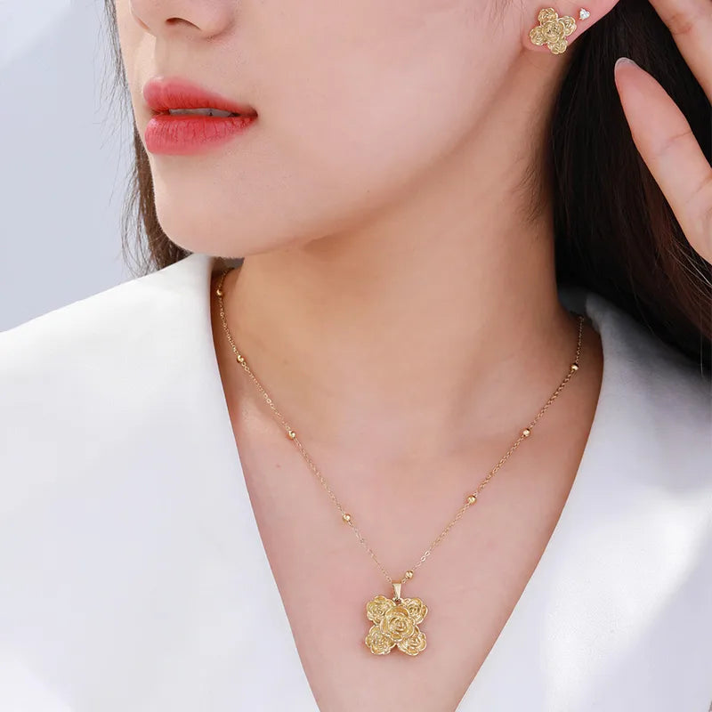 Wholesale Jewelry Sweet Classic Style Flower Strawberry 304 Stainless Steel Artificial Gemstones 18K Gold Plated Plating Inlay Earrings Necklace Jewelry Set