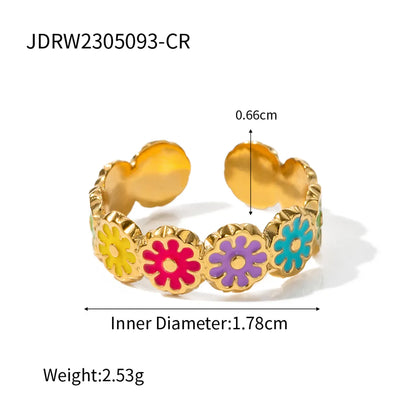 304 Stainless Steel 18K Gold Plated Sweet Enamel Plating Flower Rings