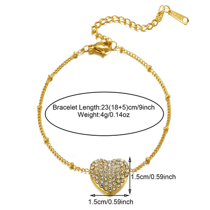 Sweet Shiny Heart Shape 201 Stainless Steel 304 Stainless Steel 18K Gold Plated Zircon Bracelets In Bulk