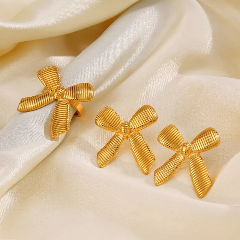 304 Stainless Steel 18K Gold Plated Sweet Simple Style Bow Knot Stainless Steel Rings Earrings