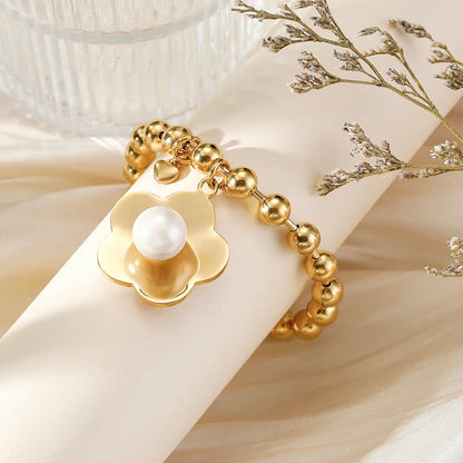 304 Stainless Steel 24K Gold Plated Sweet Classic Style Beaded Inlay Flower Pearl Bracelets